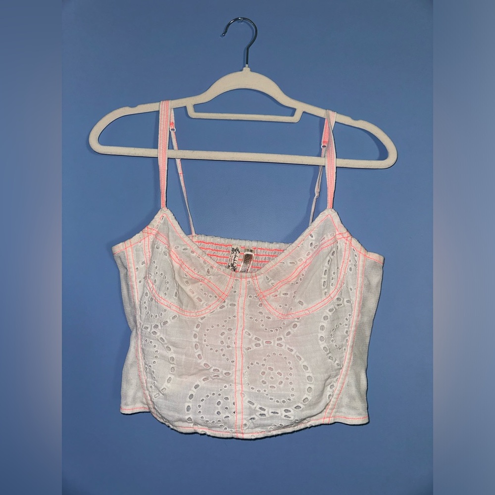 Free People White Eyelet Tank w/ Neon Pink Accents — Flirty & Fun